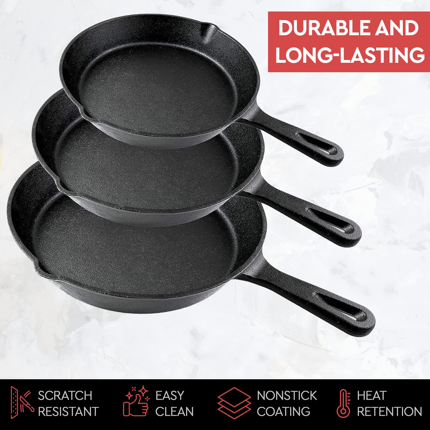 Cast Iron Skillet Cookware 3-Piece Set Chef Quality Pre-Seasoned Pan 10" 8" 6" Pans-QLD_Rural