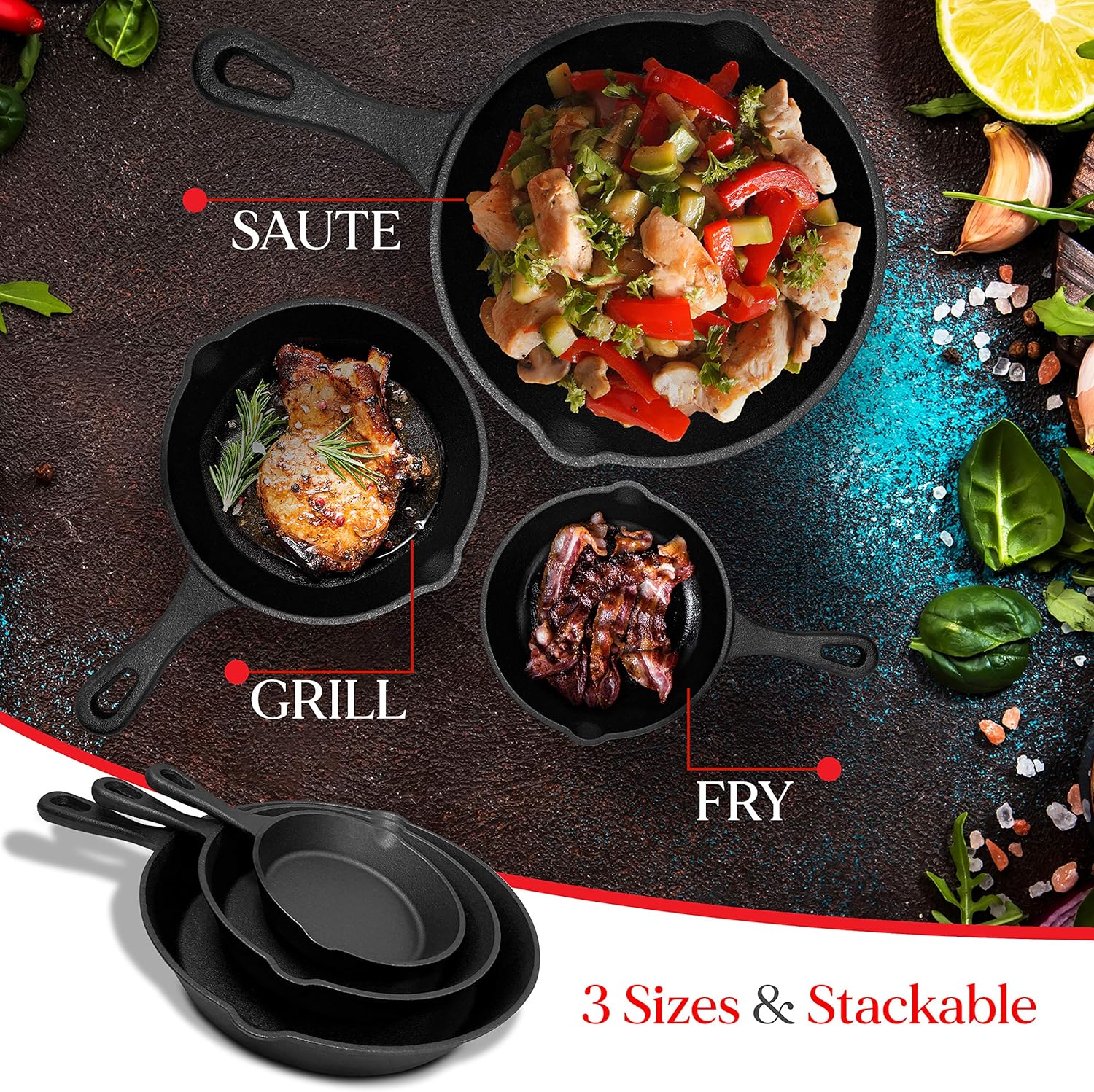 Cast Iron Skillet Cookware 3-Piece Set Chef Quality Pre-Seasoned Pan 10" 8" 6" Pans-NSW_Metro