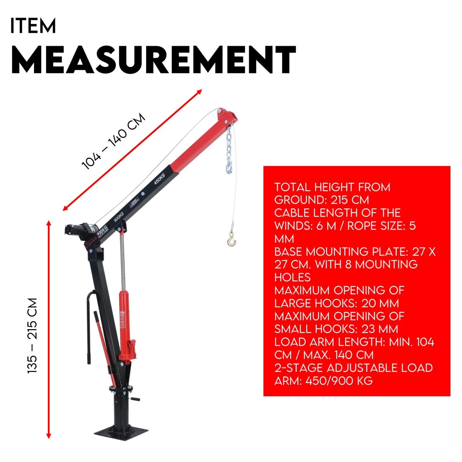 900kg Swivel Hydraulic Crane Hoist 12V Electric Jack-REMOTE