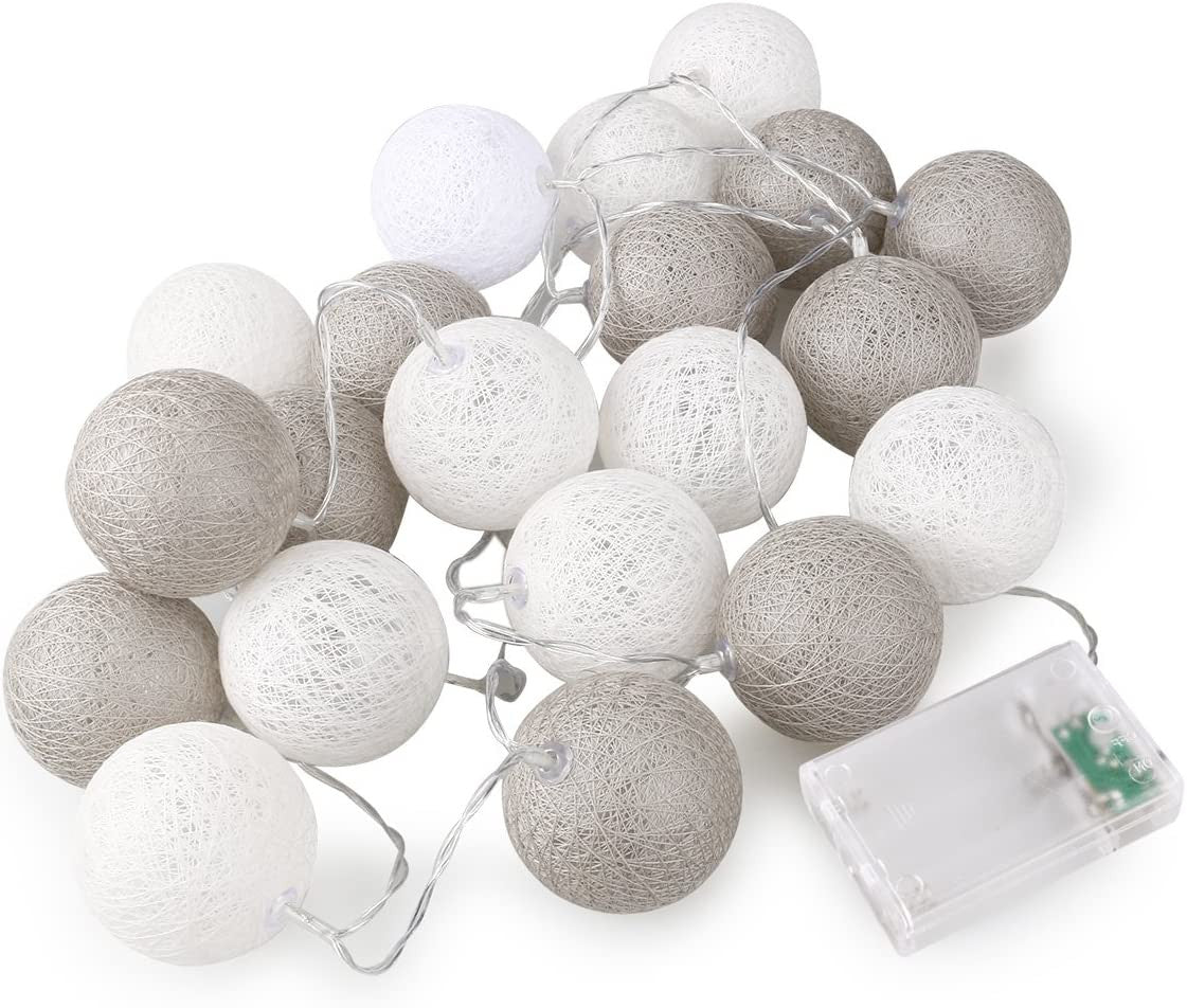 1 Set of 20 LED Grey White 5cm Cotton Ball Battery Powered String Lights Gift Home Wedding Party