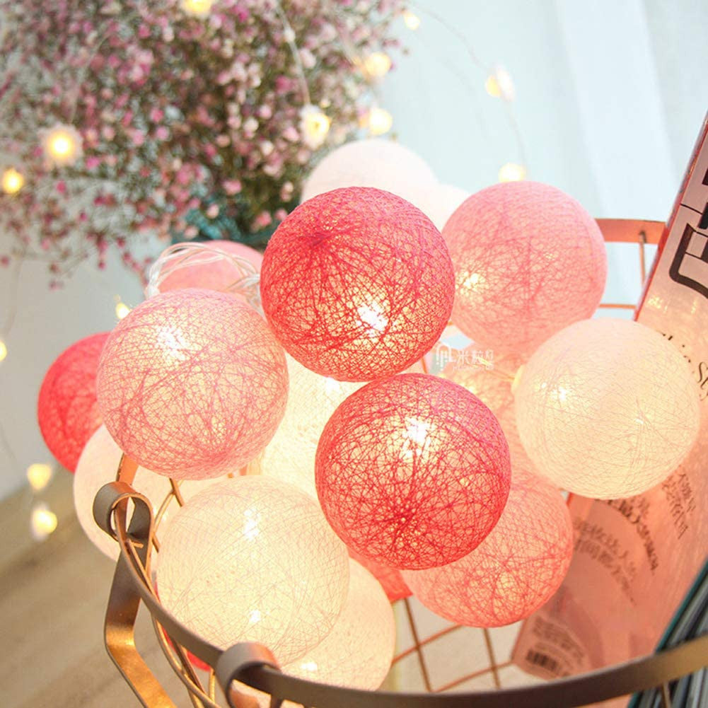 1 Set of 20 LED Pink 5cm Cotton Ball Battery Powered String Lights Christmas Gift Home Wedding Party