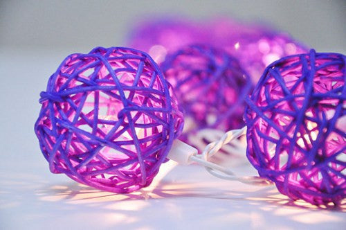 1 Set of 20 LED Cassis Purple 5cm Rattan Cane Ball Battery Powered String Lights Christmas Gift Home Wedding Party Bedroom Decoration Table Centerpiece