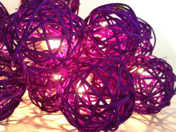 1 Set of 20 LED Cassis Purple 5cm Rattan Cane Ball Battery Powered String Lights Christmas Gift Home Wedding Party Bedroom Decoration Table Centerpiece