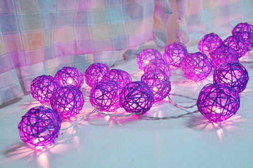 1 Set of 20 LED Cassis Purple 5cm Rattan Cane Ball Battery Powered String Lights Christmas Gift Home Wedding Party Bedroom Decoration Table Centerpiece