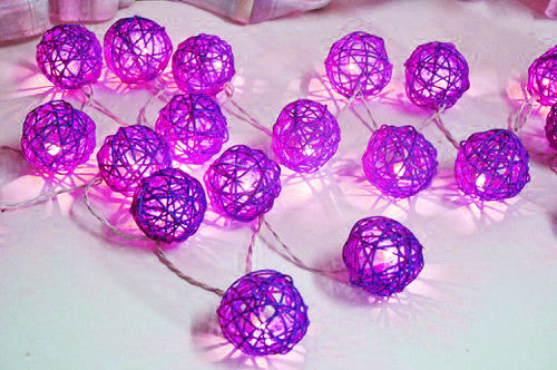 1 Set of 20 LED Cassis Purple 5cm Rattan Cane Ball Battery Powered String Lights Christmas Gift Home Wedding Party Bedroom Decoration Table Centerpiece