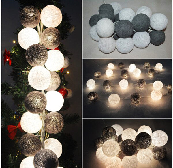 1 Set of 20 LED Black White 5cm Cotton Ball Battery Powered String Lights Xmas Gift Home Wedding Party Bedroom Decoration