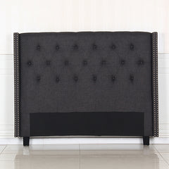 Bed Head Queen Charcoal Headboard Upholstery Fabric Studded Buttons-REMOTE