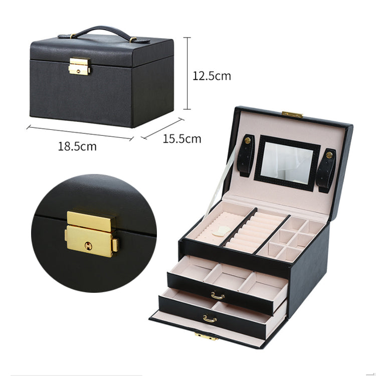 Jewellery Box With Mirror Double Drawers Organizer Storage Lock Case(White)