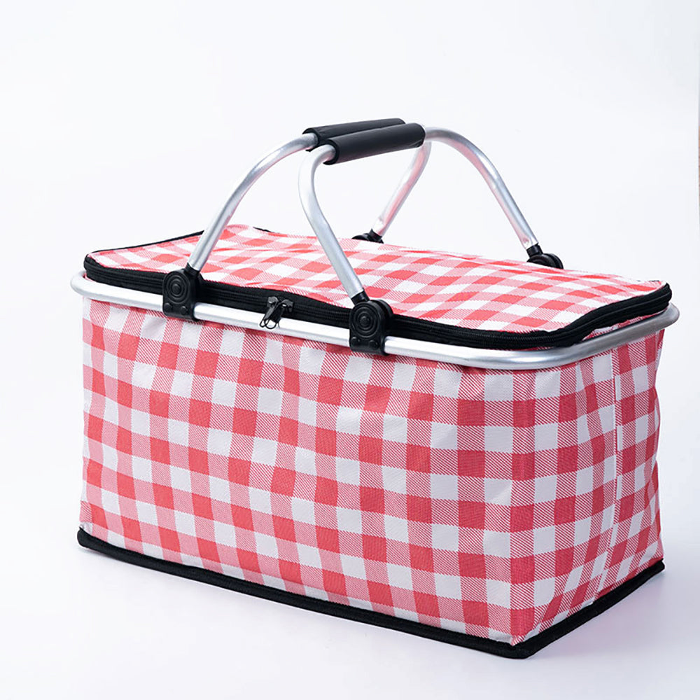 Collapsible Outdoor Camping Portable Insulated Picnic Basket Camping Picnic Ice Pack(Red Grid)-ACT