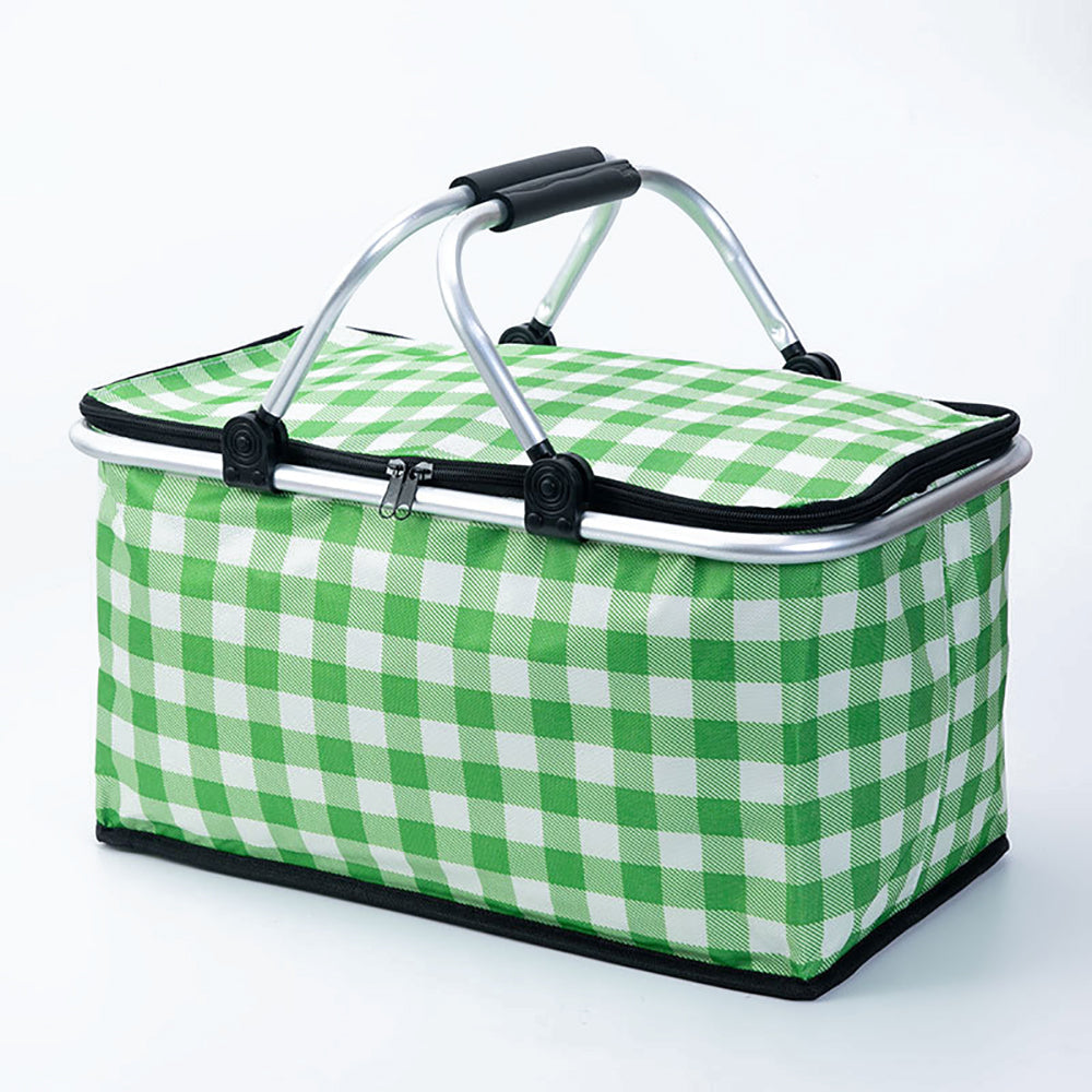 Collapsible Outdoor Camping Portable Insulated Picnic Basket Camping Picnic Ice Pack(Green Grid)-VIC_Metro