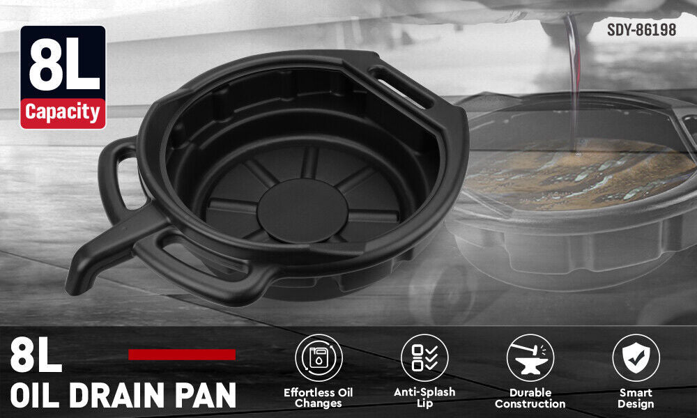 SEDY 8L Oil Change Pan Drain Tray Portable Dish Coolant Recovery Pan Black-ACT