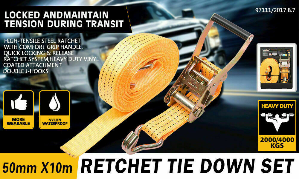 50mm x 10M Tie Down Strap Heavy Duty Ratchet Straps Trailer Boat 2000KG Loading-NT_Metro