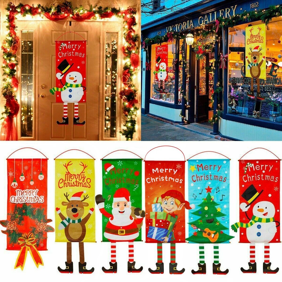 Christmas Hanging Banner Flag Door Window Dí©cor Santa Reindeer Snowman Ornaments, Set of 6-NT_Metro