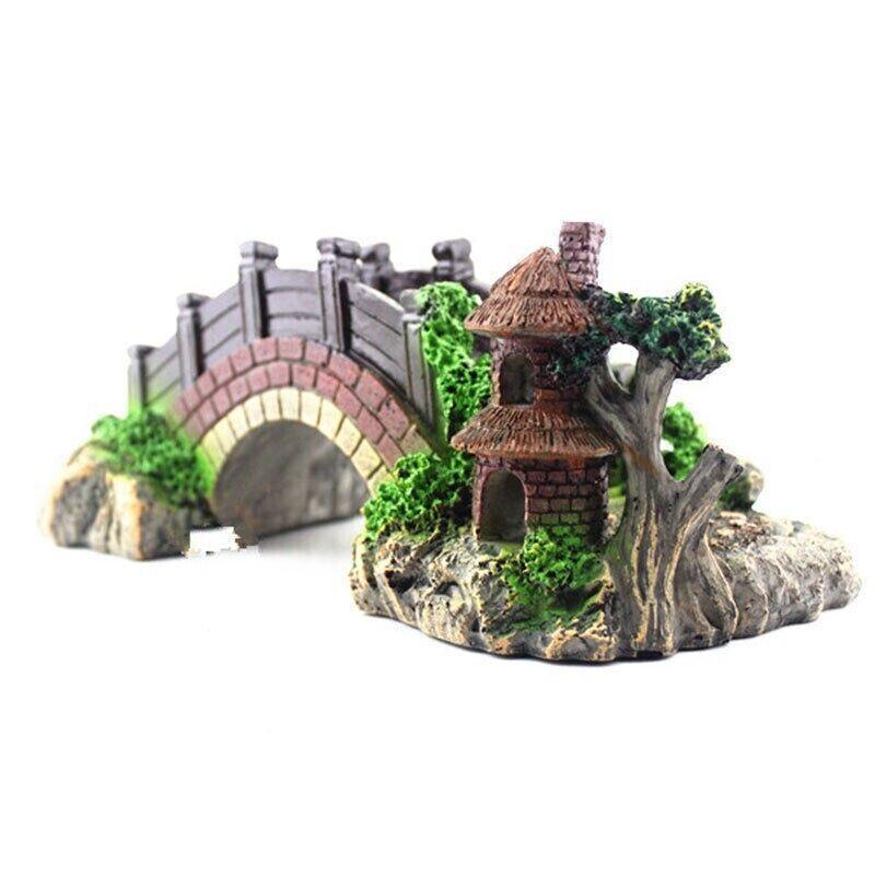 Aquarium Fish Tank Ornament Bridge Resin Rock Pavilion Tree Landscape Decoration - L:19*7*8.5CM