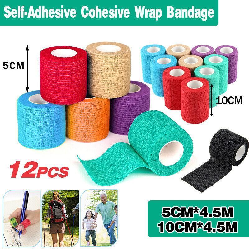 12× Multi-Size Self-Adhesive Cohesive Pet Bandage Wraps - 12PCS Black(5CM*4.5M)