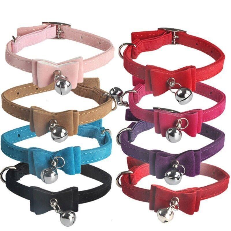 1× Adjustable Suede Cat Collar with Bow Bell Pink Blue Black Red - Black