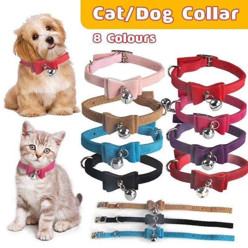 1× Adjustable Suede Cat Collar with Bow Bell Pink Blue Black Red - Blue