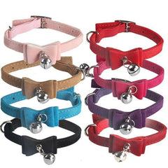 1× Adjustable Suede Cat Collar with Bow Bell Pink Blue Black Red - Blue