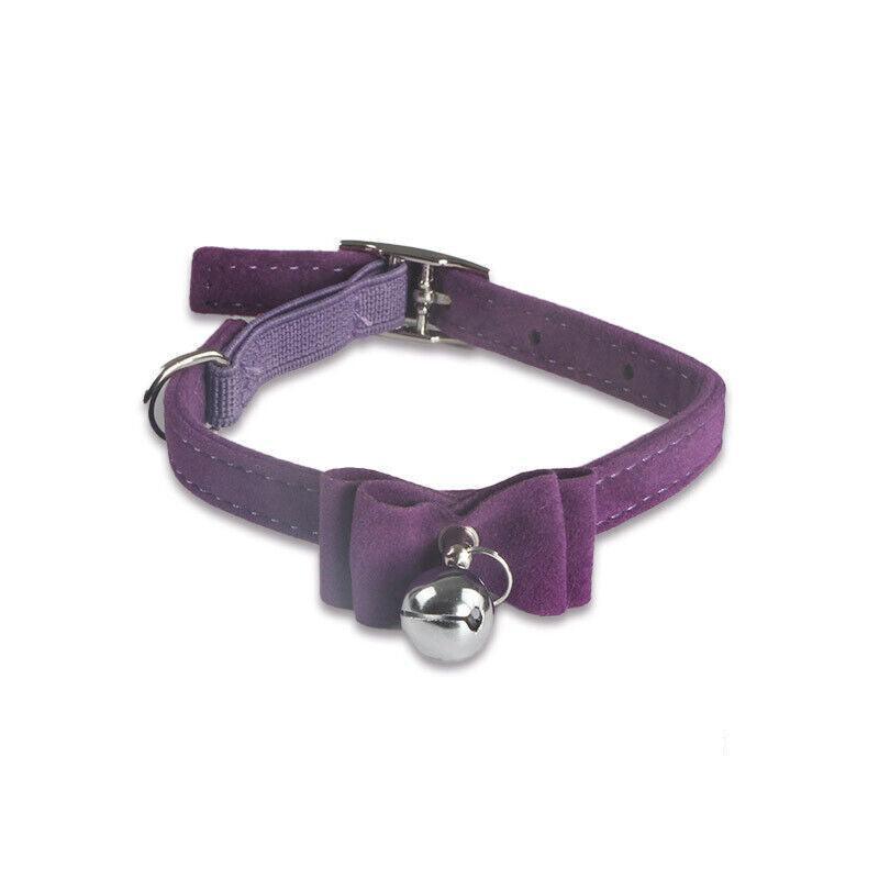 1× Adjustable Suede Cat Collar with Bow Bell Pink Blue Black Red - Blue