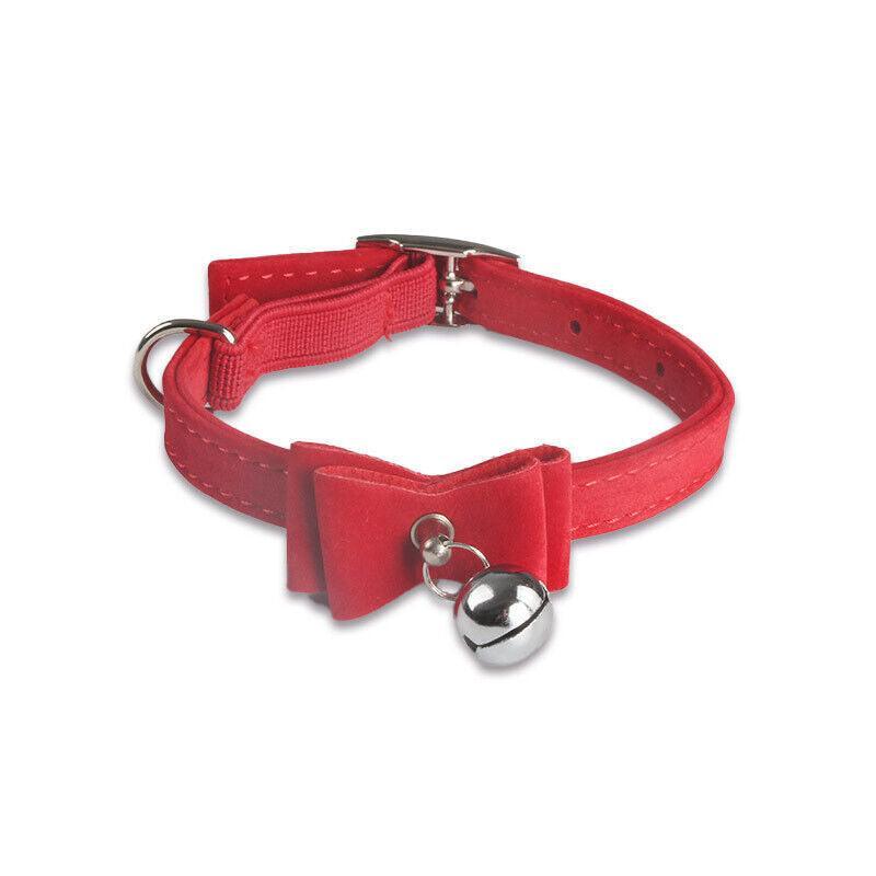 1× Adjustable Suede Cat Collar with Bow Bell Pink Blue Black Red - Blue