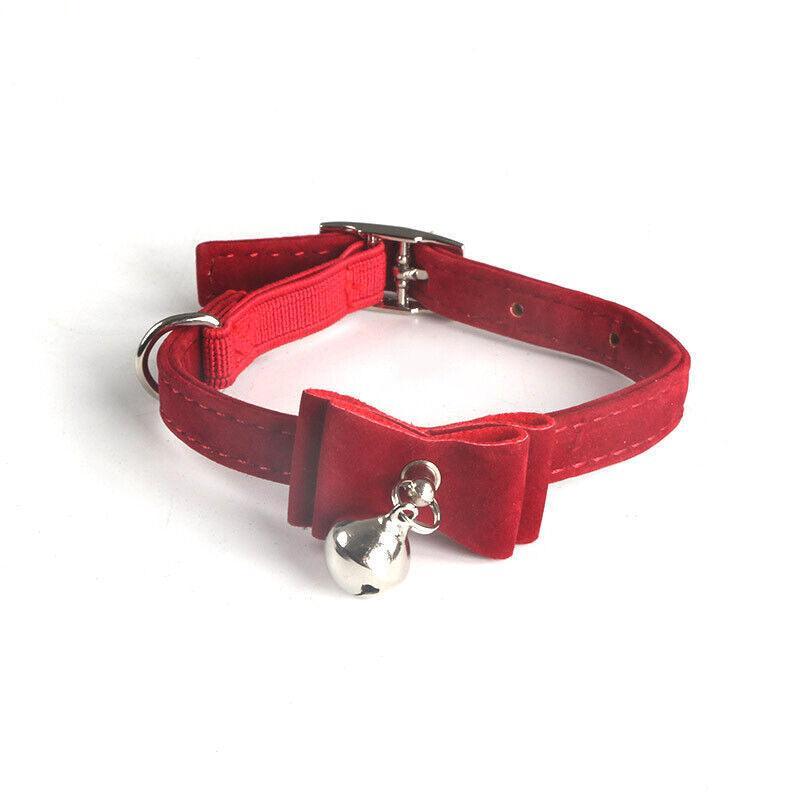 1× Adjustable Suede Cat Collar with Bow Bell Pink Blue Black Red - Pink