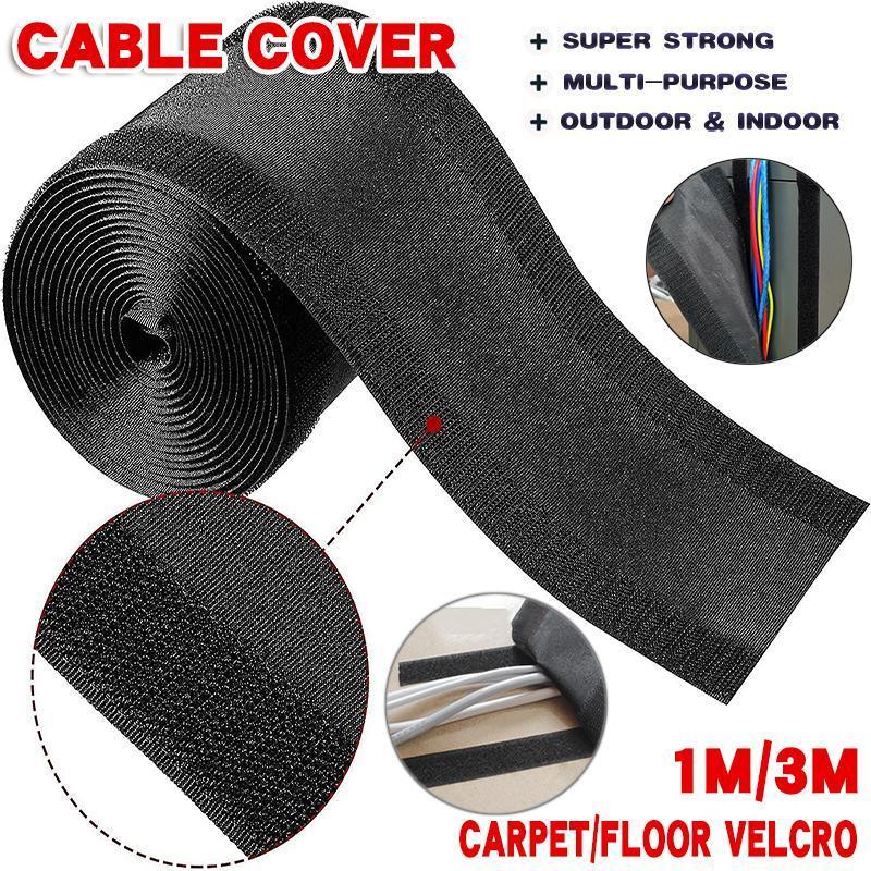 Cable Cover Nylon Sticky Wire Protector Floor Blanket Reusable Cord Tube Cover - Black-1Meter(with adhesive)-Floor