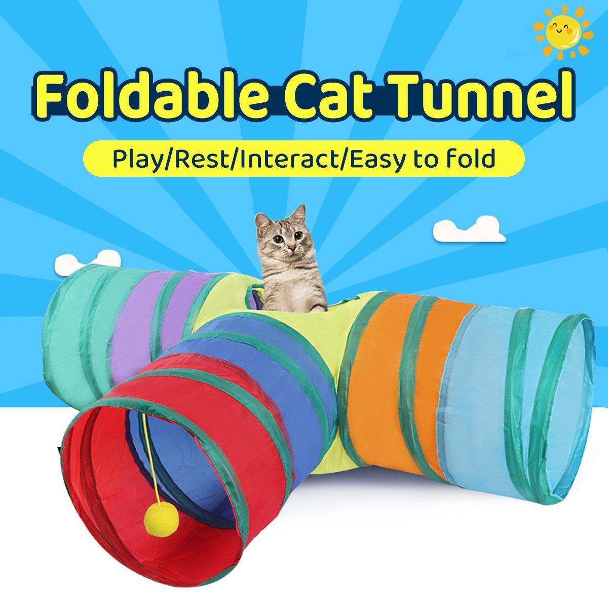 Foldable Rainbow Cat Tunnel Interactive Pet Toy with Tee Shape Fun Play Tunnel