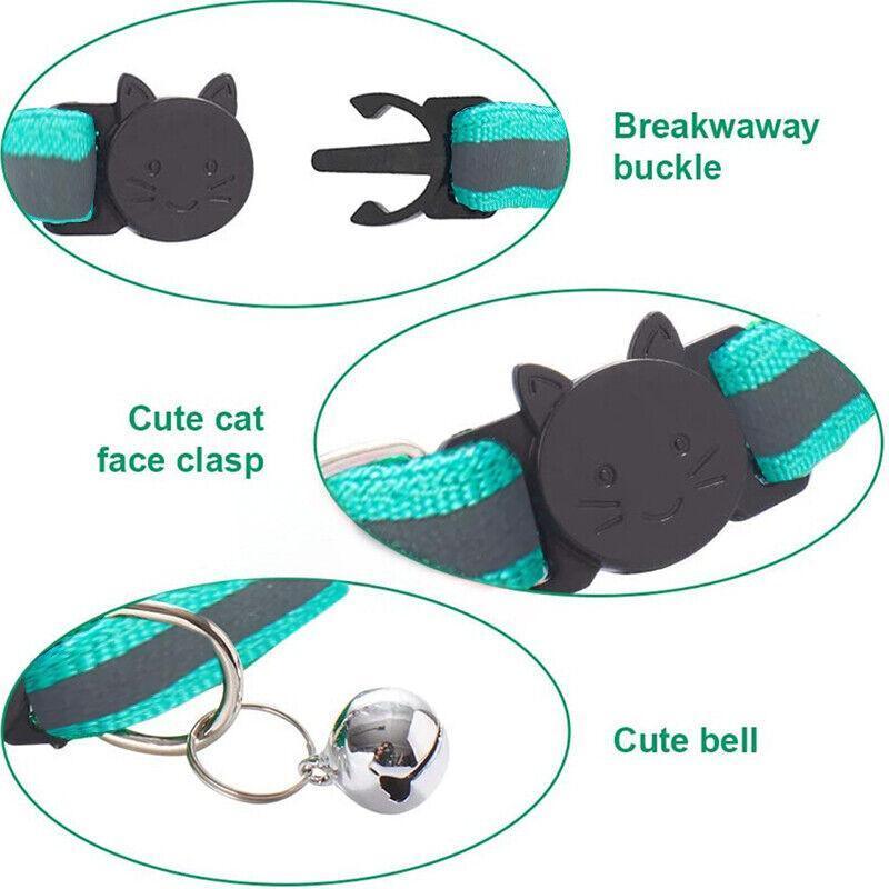 Reflective Cat Collar with Breakaway Buckle and Bell Adjustable for Small Pet Use - Shiny Green