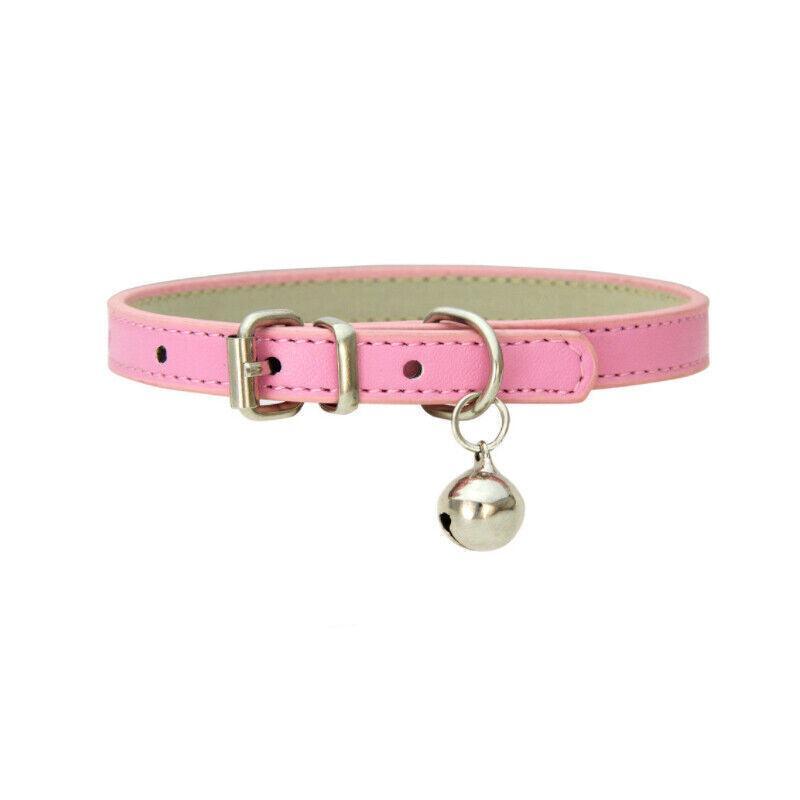 Adjustable PU Leather Cat Collar with Bell Breakaway Buckle 9 Colours - Pink