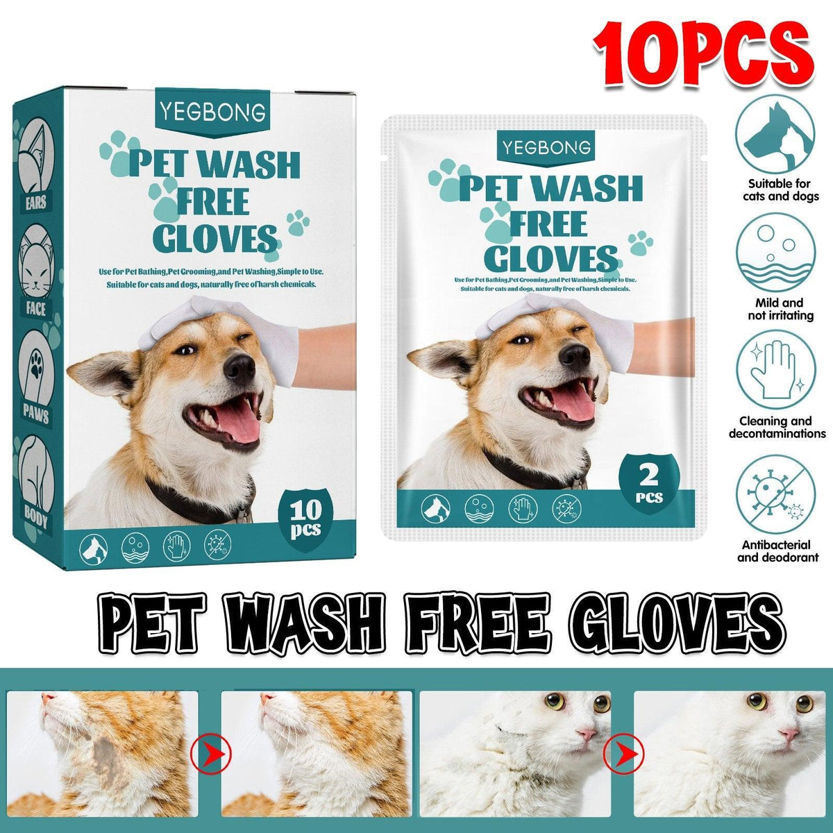 10XPet Cat Dog Dry Washing Gloves Bath Remove Odor Cleaning Decontamination Care