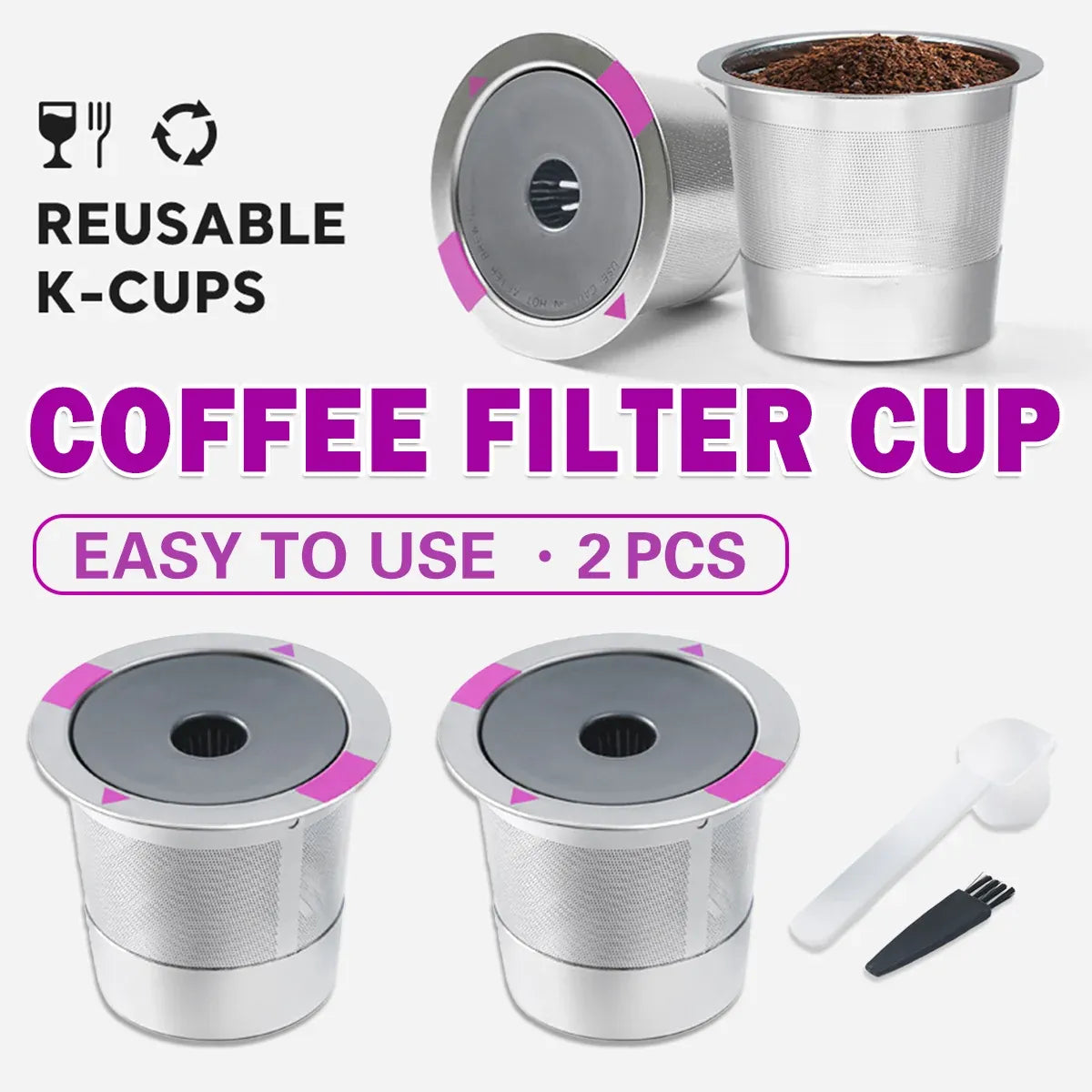 2 Pack Stainless Steel K-Cups Coffee Pod Filters Reusable Durable For Cafe