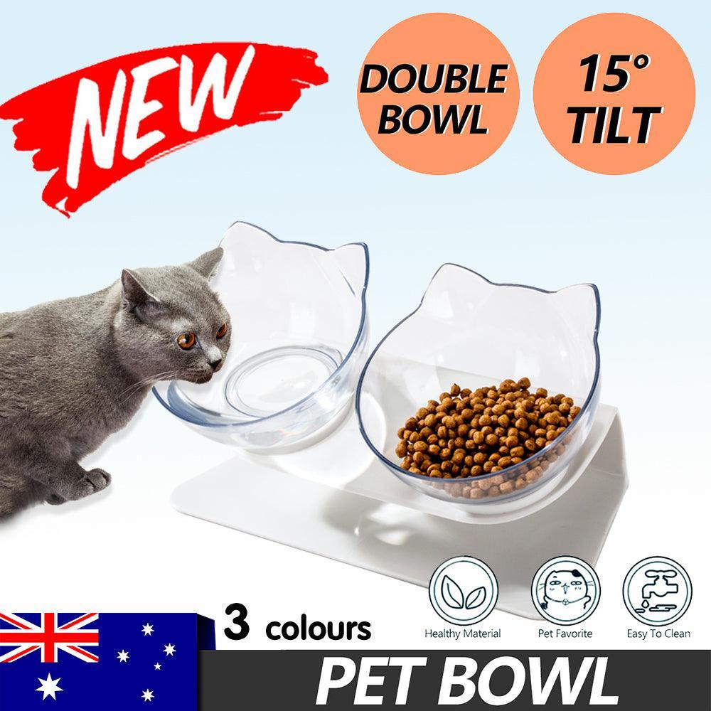 Double Cat Dog Bowl Elevated Pet Feeder Stand Raised Food Water Feeding Dish - Black+Black