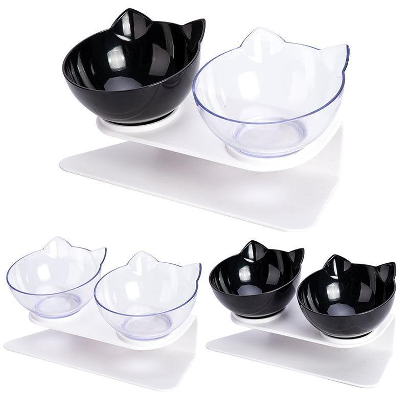 Double Cat Dog Bowl Elevated Pet Feeder Stand Raised Food Water Feeding Dish - Black+Black