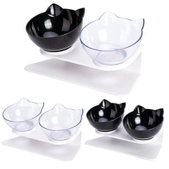 Double Cat Dog Bowl Elevated Pet Feeder Stand Raised Food Water Feeding Dish - Black+Black
