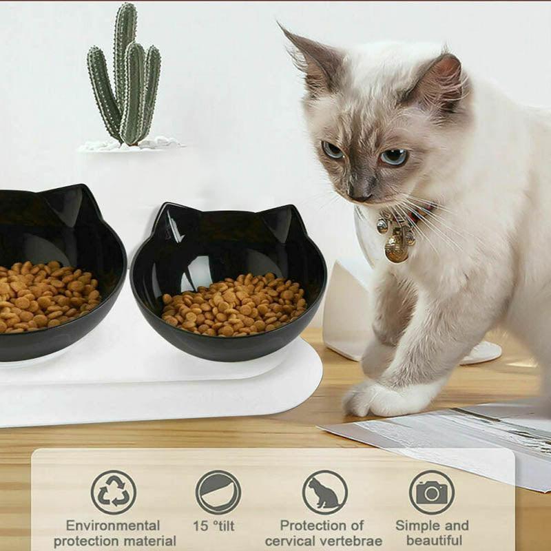 Double Cat Dog Bowl Elevated Pet Feeder Stand Raised Food Water Feeding Dish - Black+Black