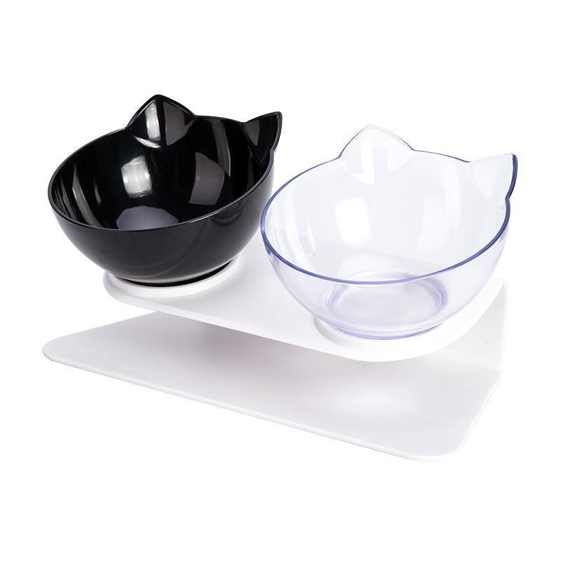 Double Cat Dog Bowl Elevated Pet Feeder Stand Raised Food Water Feeding Dish - Black+Black