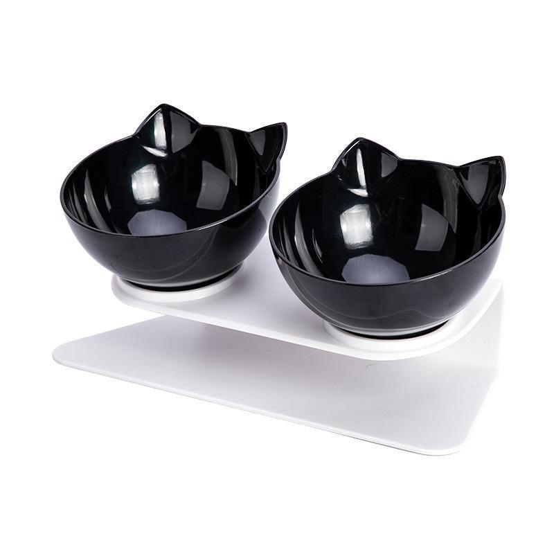 Double Cat Dog Bowl Elevated Pet Feeder Stand Raised Food Water Feeding Dish - Black+Black