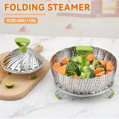 Folding Stainless Steel Steamer Basket Expandable Safe Durable Easy To Use - 9in