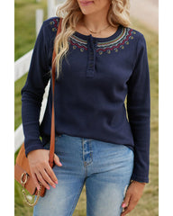 Azura Exchange Embroidered Navy Blue Waffle Top - M