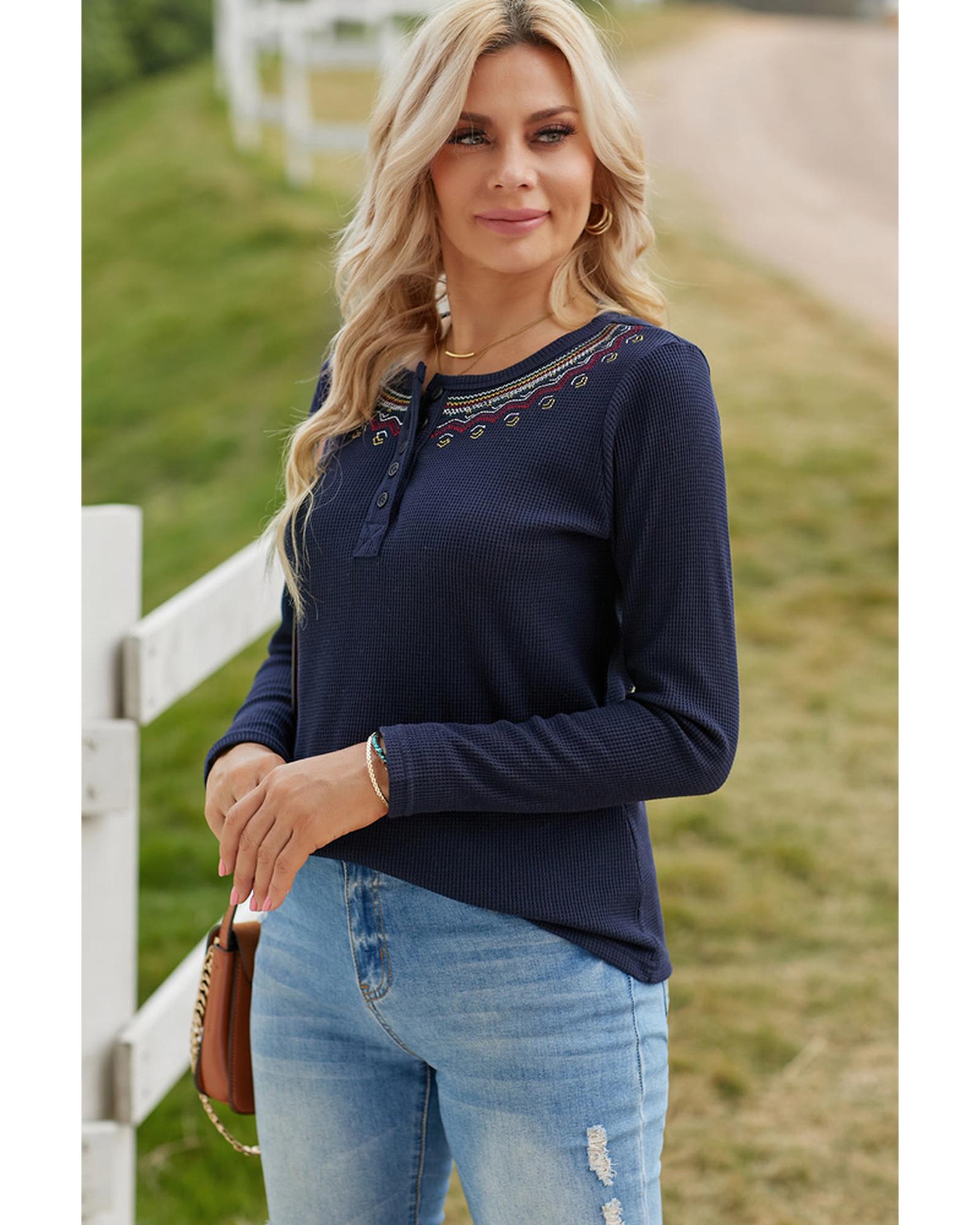 Azura Exchange Embroidered Navy Blue Waffle Top - M