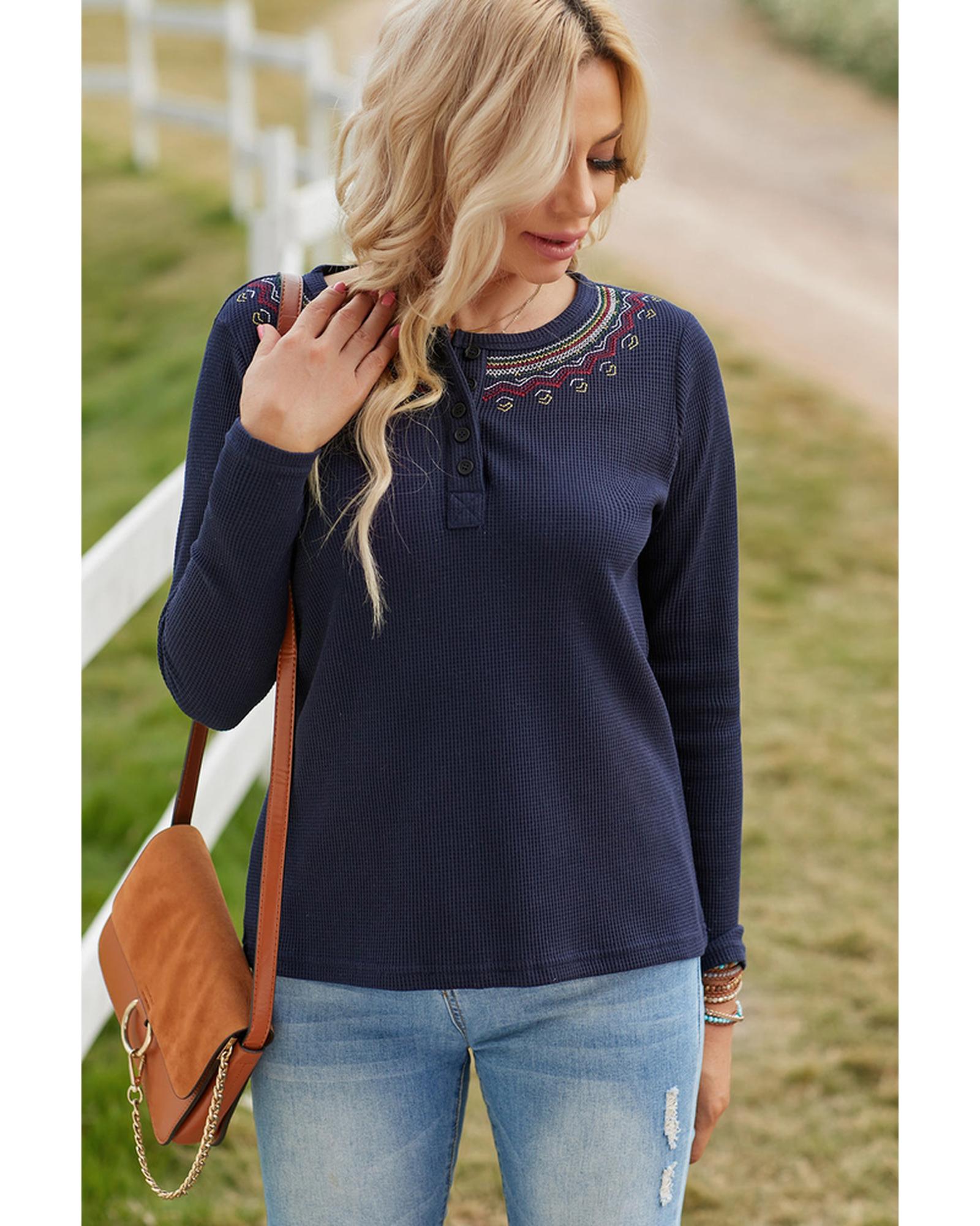 Azura Exchange Embroidered Navy Blue Waffle Top - M