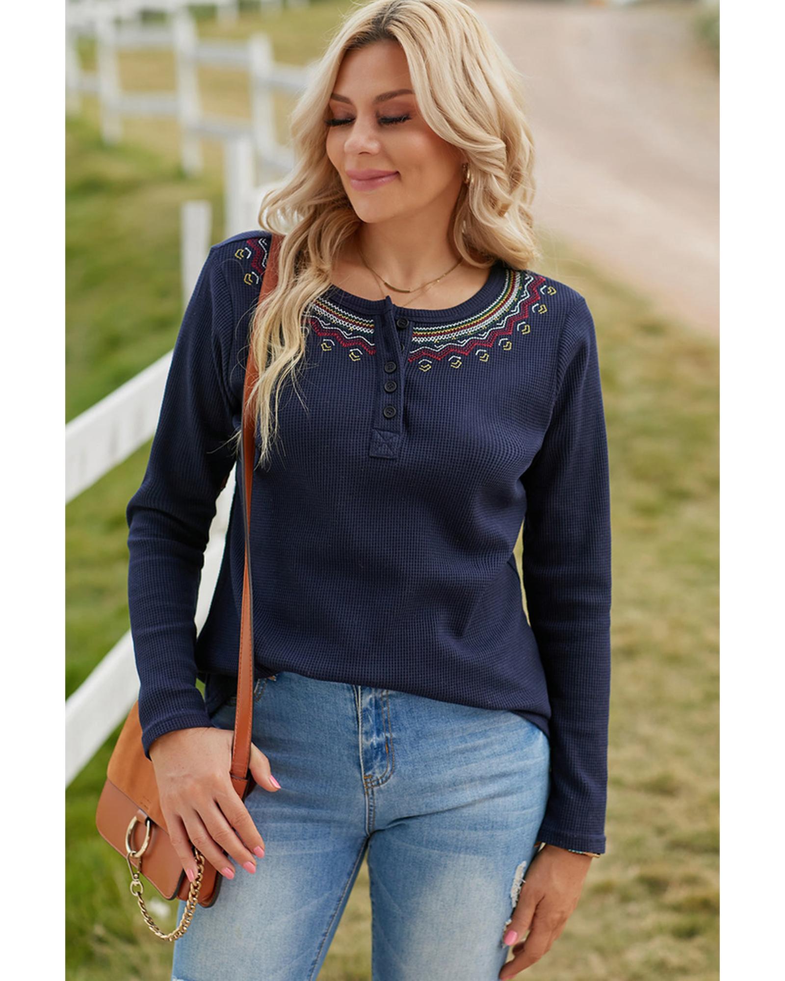 Azura Exchange Embroidered Navy Blue Waffle Top - M