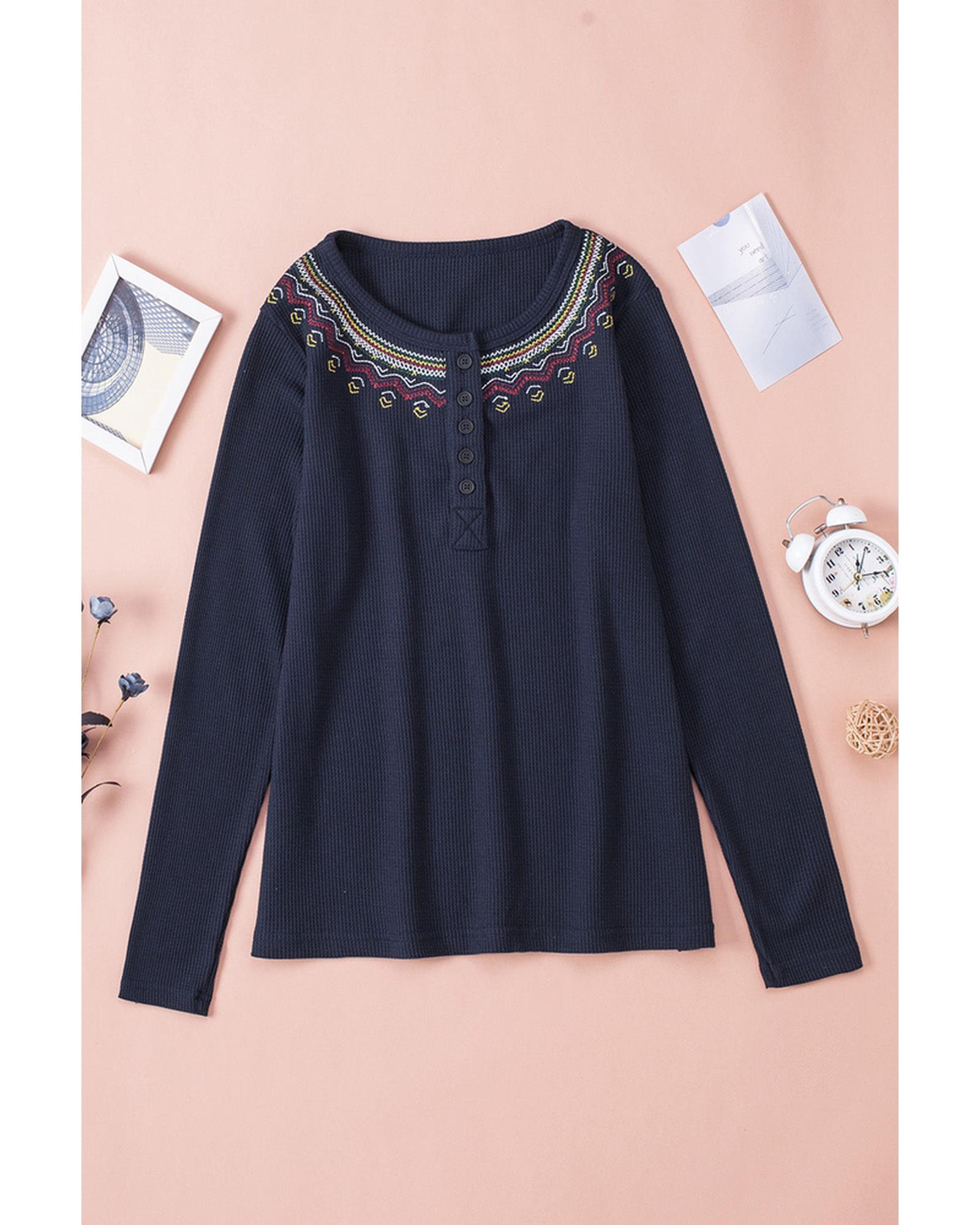 Azura Exchange Embroidered Navy Blue Waffle Top - M