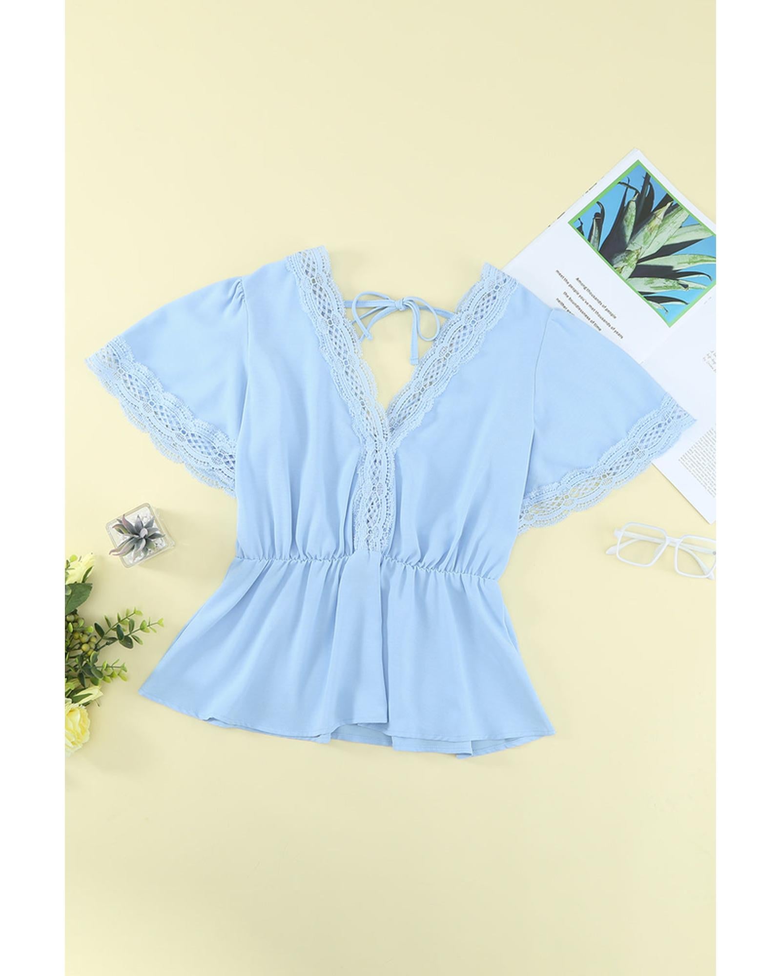 Azura Exchange Lace Splicing V Neck Blouse - M