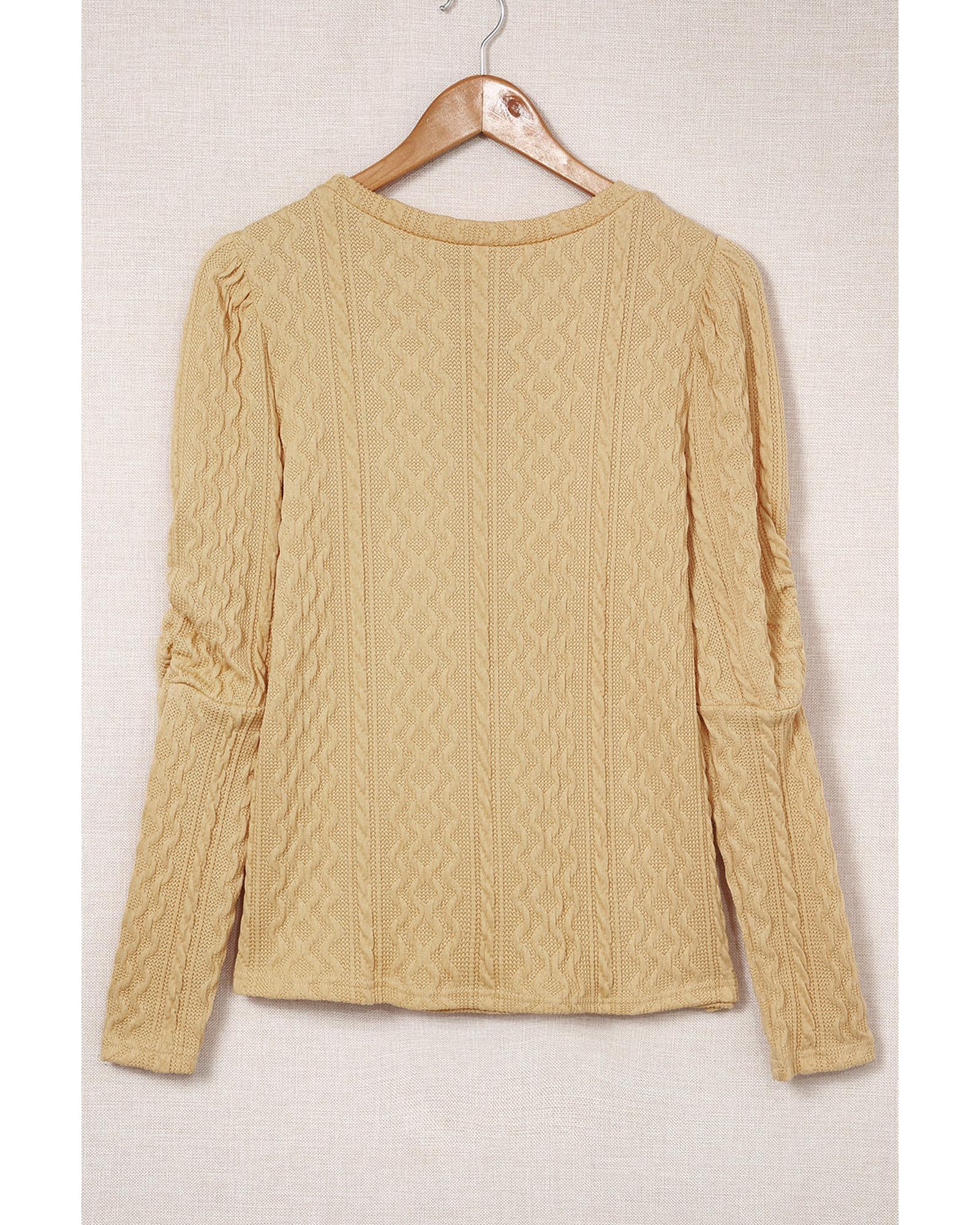 Azura Exchange Puffy Sleeve Khaki Textured Knit Top