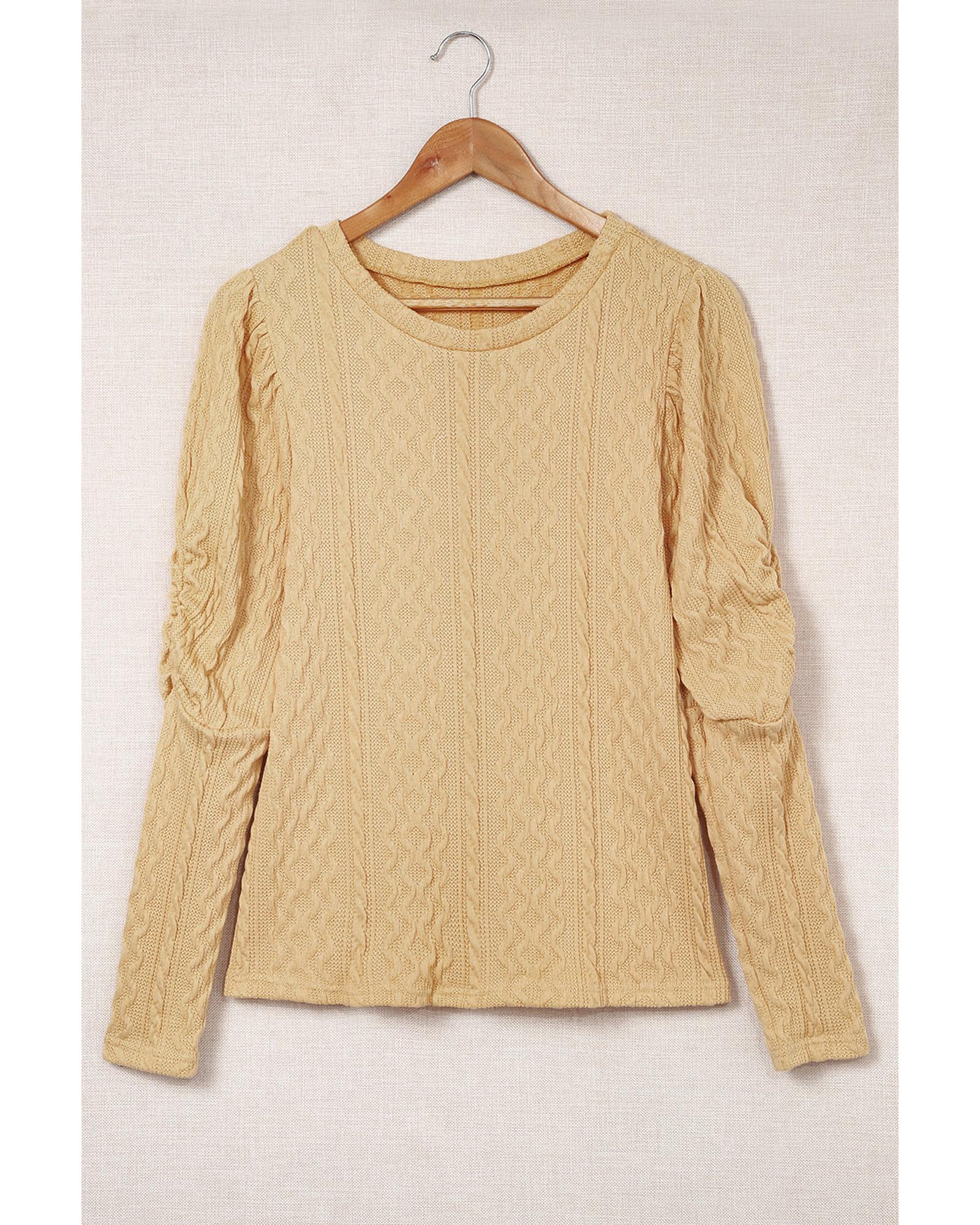 Azura Exchange Puffy Sleeve Khaki Textured Knit Top