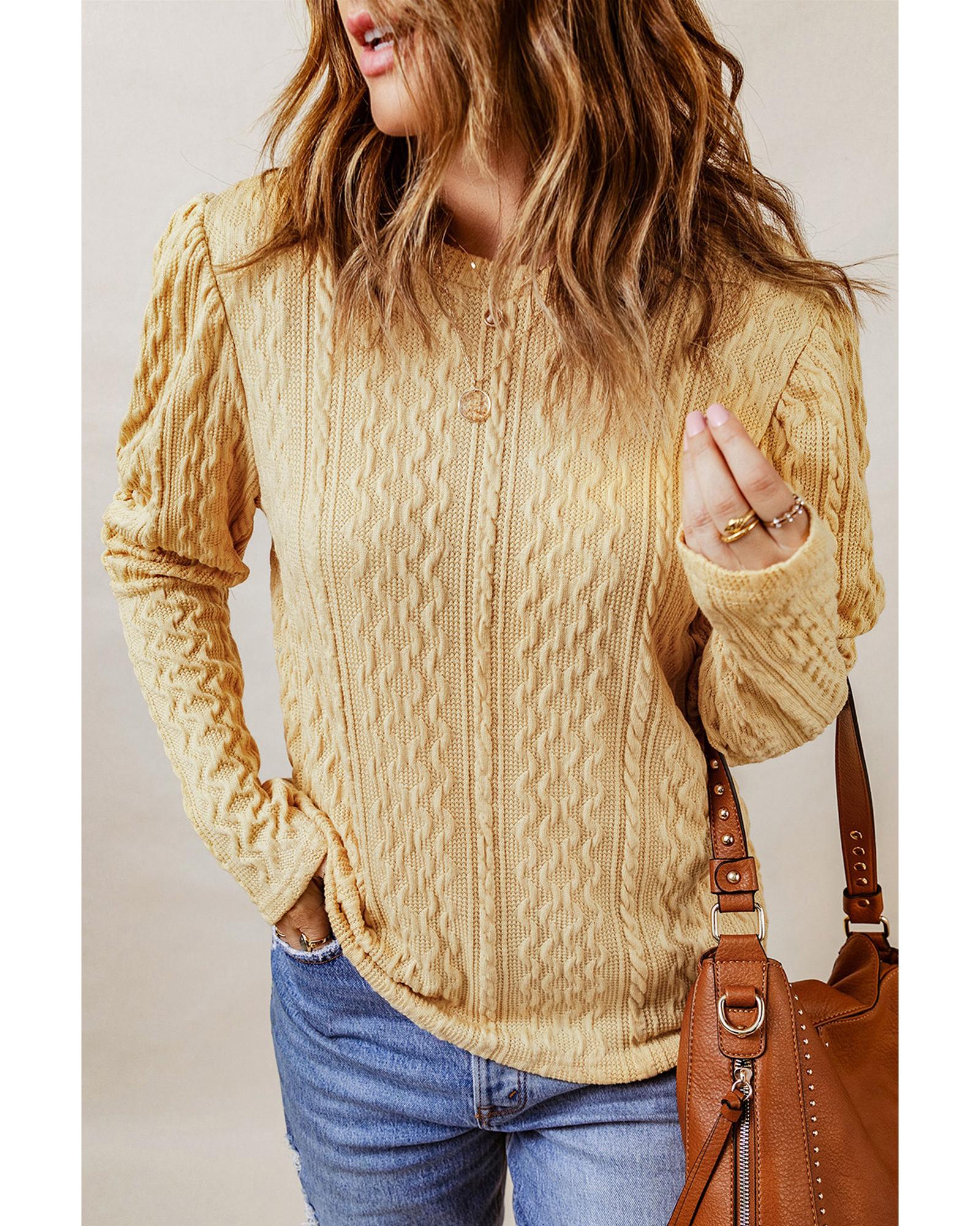 Azura Exchange Puffy Sleeve Khaki Textured Knit Top