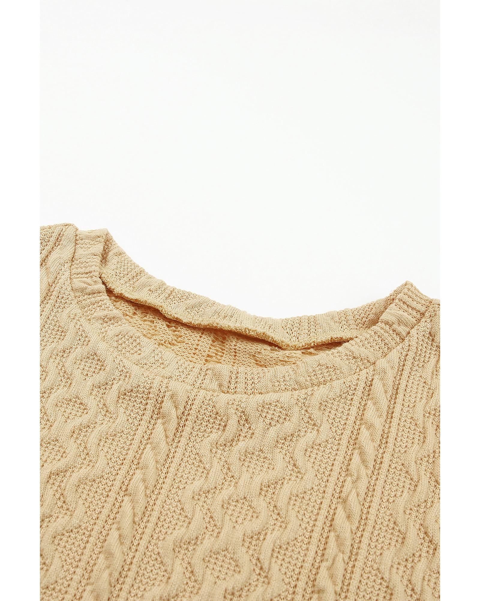 Azura Exchange Puffy Sleeve Khaki Textured Knit Top