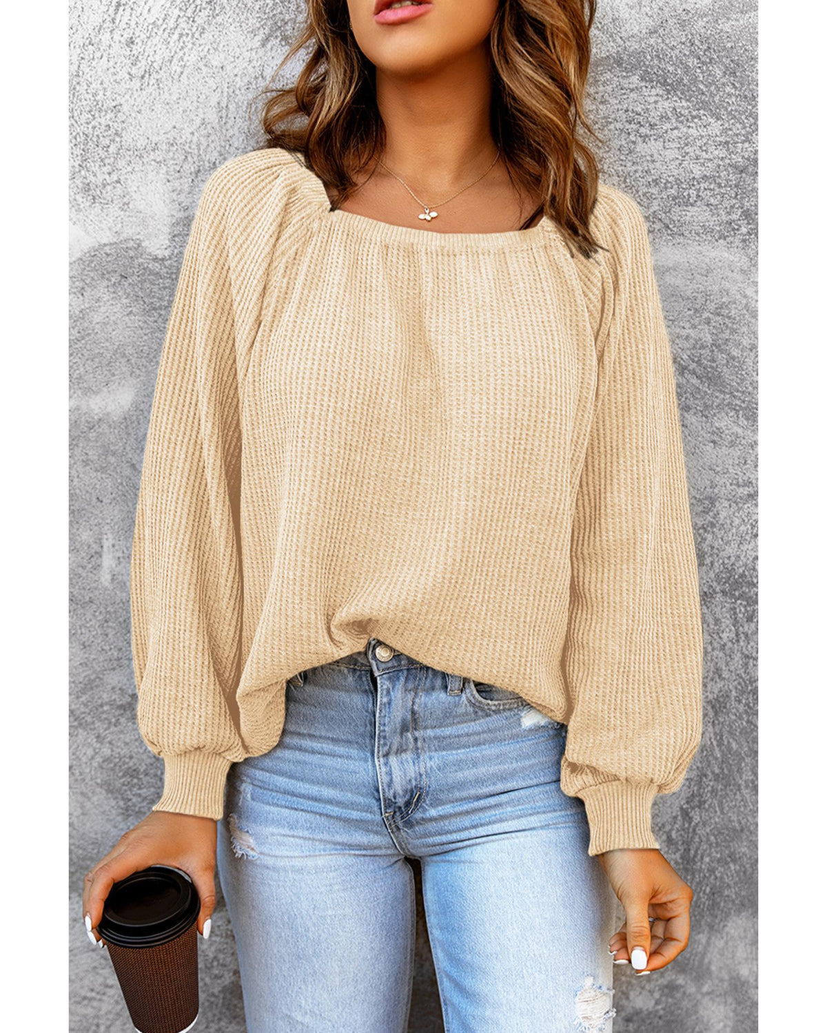 Azura Exchange Puff Sleeve Waffle Knit Top - 2XL