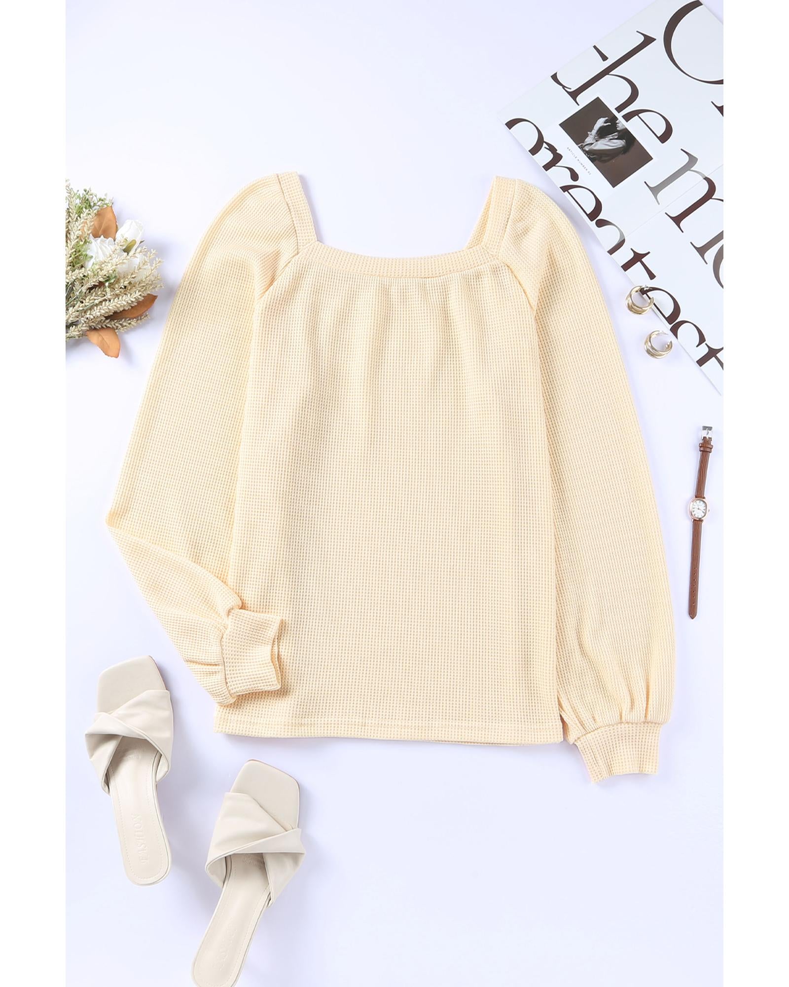 Azura Exchange Puff Sleeve Waffle Knit Top - 2XL